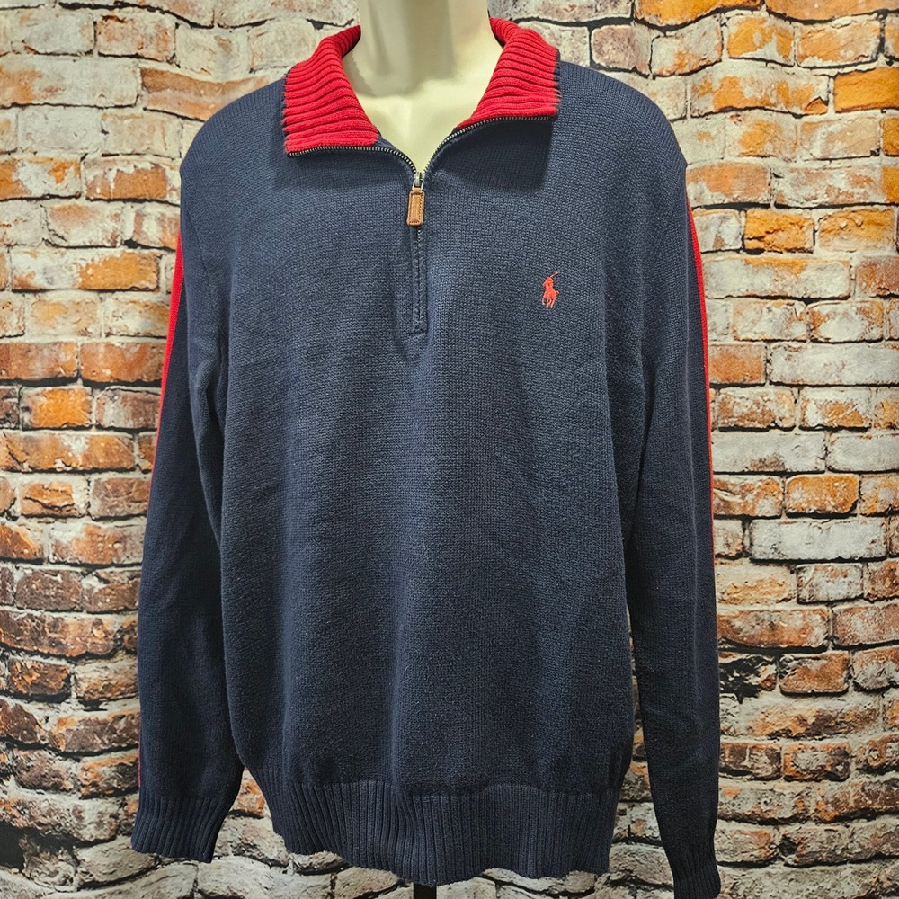 Vgt Polo Ralph Lauren Mens Large Navy Blue Red Stripe Quarter Zip Cotton Sweater
